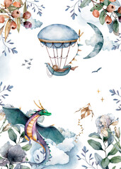 Fairytale story with dragon and derezhable. Watercolor illustration for greeting cards. - 542477034