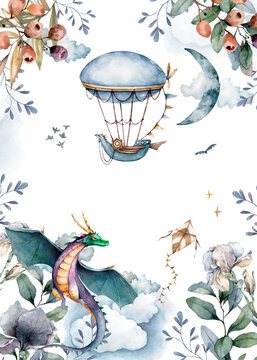 Fairytale story with dragon and derezhable. Watercolor illustration for greeting cards.