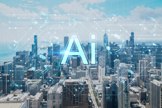 Aerial panorama city, Chicago downtown area and Lake, day time, Illinois, USA. Birds eye view. Hologram of Artificial Intelligence concept. AI and business, machine learning, neural network, robotics