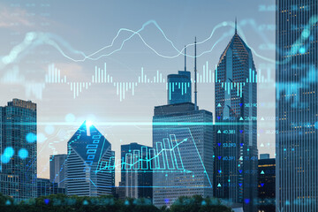 Chicago skyline from Butler Field to financial district skyscrapers at sunset, Illinois, USA. Parks, gardens. Forex graph hologram. The concept of internet trading, brokerage and fundamental analysis