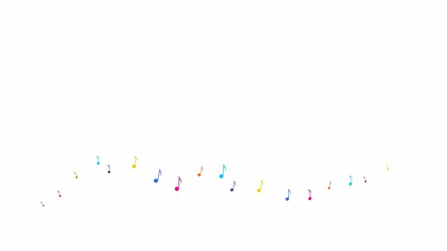 Animated colorful notes fly from left to right. A wave of flying notes. Concept of music. Vector illustration isolated on the white background.