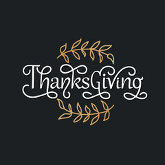 Happy Thanksgiving handwritten text on black background. Modern brush ink calligraphy. Vector colorful illustration, hand lettering typography. Greeting holiday design for print, card, banner, poster