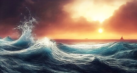 epic ocean waves before beautiful sunset light in oil painting style landscape background. rendering illustrtion.