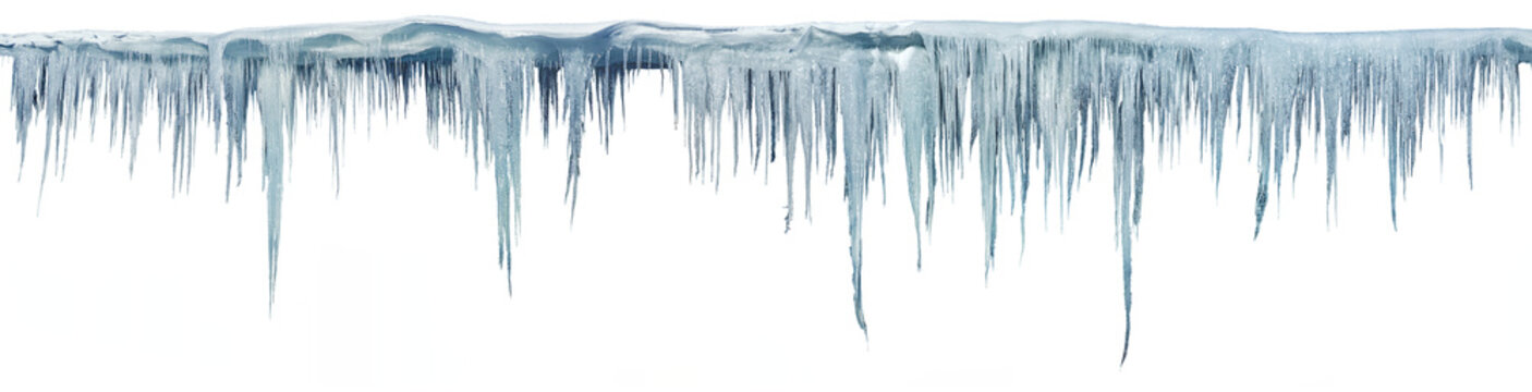 Icicles, isolated from the background, isolated object. Panoramic photo.