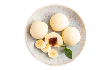 Japanese rice sweet buns mochi filled with jam isolated on white. top view.
