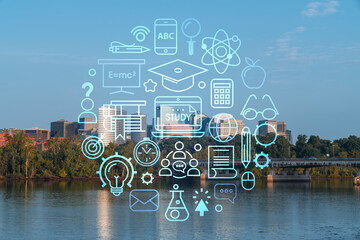 Panoramic view, Washington towards Arlington financial downtown, city skyline over Potomac River....