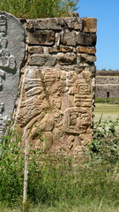 Carved stone in the ruins at Monte Alban, in Oaxaca, Mexico