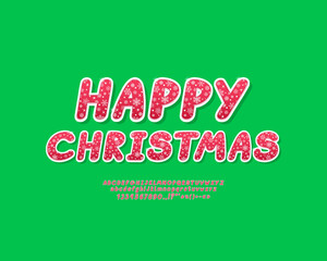 Green poster with red 3d letters Happy Christmas. Beautiful italic font with snowflakes pattern and shine stars for card, poster, banner