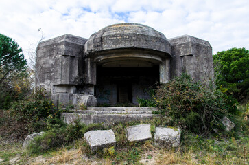 Fototapeta na wymiar Un bunker della seconda guerra mondiale nascosto dalla vegetazione nell'area faunistica di Ca' Roman a Pellestrina