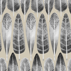 Hand drawn sketch feathers bird quills as seamless pattern for print fabric, wrapping paper. Ordered black and white objects aquarelle elements on beige  background