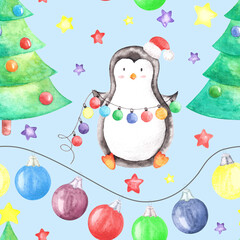 Hand drawn watercolor seamless pattern wirh cute penguin, tree with star on top and garland with lot of multicolored christmas balls.Aquarelle illustrated winter background on blue