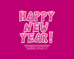 Bright greeting card Happy New Year with cartoon 3d font with snowflakes and shine stars on purple color background