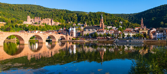 Heidelberg wide angle old town panorama with castle, “Karl Theodor Bridge“ and its twin tower...