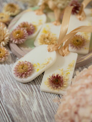 Beautiful fragrant wax with flowers. Natural handmade air freshener. Scented sachet. Flavored soy wax and essential oils.