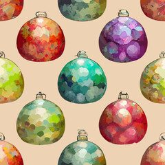 Seamless pattern christmas balls, aquarelle xmas balls endless background pattern. Winter holidays
