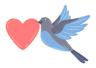 Illustration of cute flying bird and holding heart. Image of birdie in simple style.