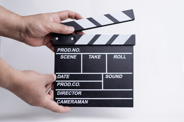 slate blackboard movie start filming two hands set text  title white background