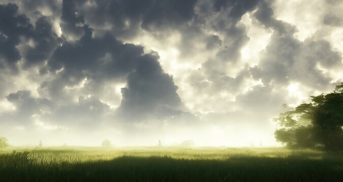 grass field landscape in cloudy sky with fair weather. rendering illustration, octane, blender, nature, sun light.
