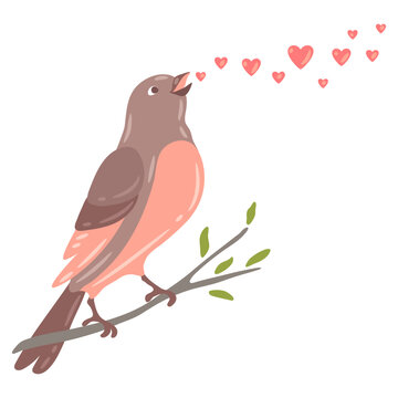 Illustration of cute bird singing and sitting on branch. Image of birdie in simple style.