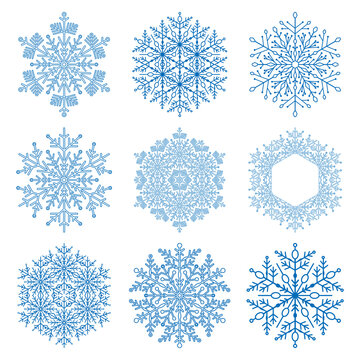 Set of snowflakes. Fine winter ornaments. Snowflakes collection. Blue snowflakes for backgrounds and designs
