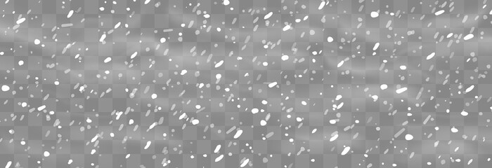Christmas snow. Falling snowflakes on png background. Vector heavy snowfall. White snowflakes flying in the air. Snow flakes, snow and blizzard. Vector illustration isolated on transparent.