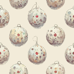 Seamless christmas decoration balls, aquarelle xmas balls endless background pattern. New-year collection