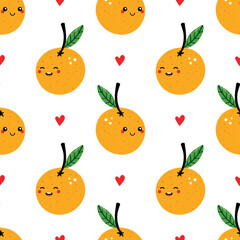 Cute smiling orange fruit characters and red hearts vector seamless pattern background.
