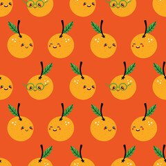 Cute happy orange fruit characters vector seamless pattern background for food and nature design.
