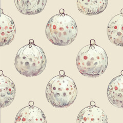 Seamless christmas decoration balls, aquarelle balls endless background pattern. Multicolor