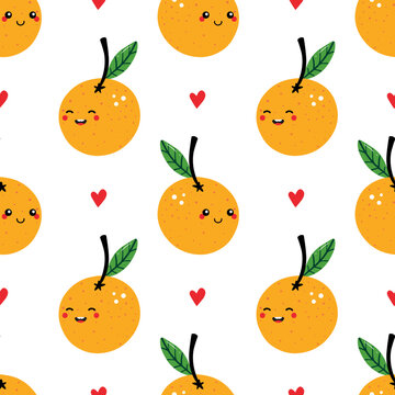 Cute smiling orange fruit characters and red hearts vector seamless pattern background.
