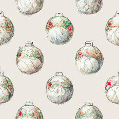 Seamless christmas decoration balls, watercolor balls endless pattern. Winter collection