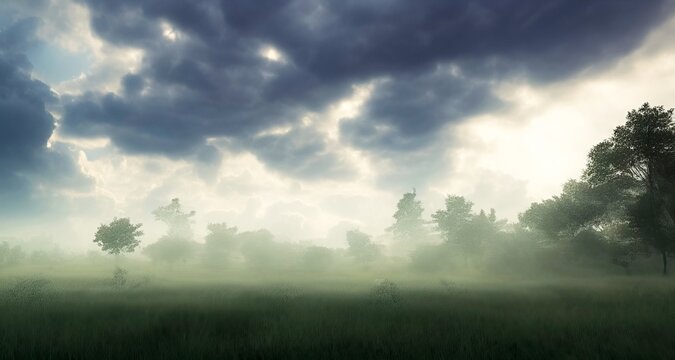 grass field landscape in cloudy sky with fair weather. rendering illustration, octane, blender, nature, sun light.