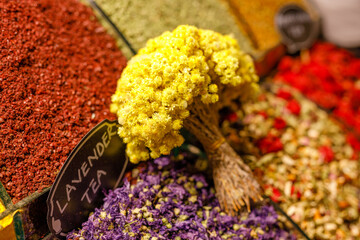 Fototapeta premium Market with different types of tea , herbs, plants and dried flower