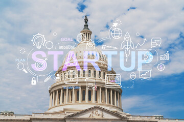 Obraz na płótnie Canvas Capitol dome building exterior, Washington DC, USA. Home of Congress and Capitol Hill. American political system. Startup company, launch project to seek and develop scalable business model, hologram