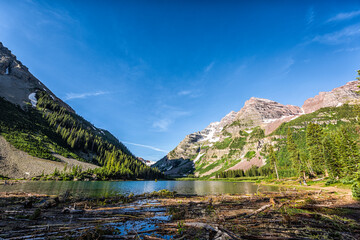 Aspen, Colorado Maroon Bells area with landscape view of Crater lake and rocky mountain peak in...