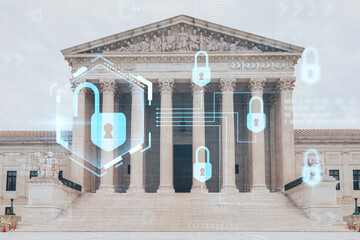 Front view of the iconic building of United States Supreme Court at day time, Washington DC, USA....