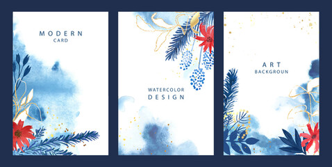 Set of watercolor greeting cards with spruce branches, leaves, plants and flowers.