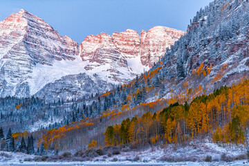 Closeup of Maroon Bells sunrise dawn in Aspen, Colorado red elk range mountain with Rocky mountains...