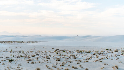 Panorama panoramic view of Organ mountains, people silhouette at White sands national park monument sand dunes and plants in New Mexico at sunset