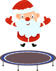 Illustration with cute cartoon Santa on a trampoline. Element for print, postcard and poster. Vector illustration