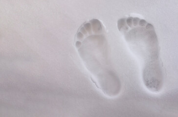 two bare foot on the fresh white snow