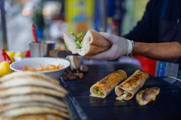 Balik ekmek - fish in bread, traditional Turkish street fast food, fish sanwich.