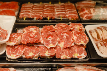 lamb meat on the counter of the store