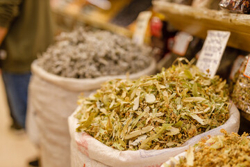 Dry linden tea as herbal plant at the market for sale