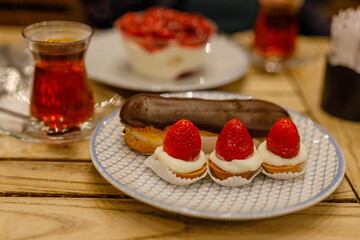 Various types of cakes in a pastry shop for sale