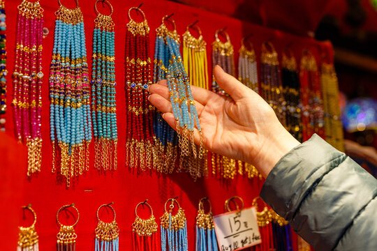 Selection of traditional colorful beads chain or gifts on display at a Turkish market in Grand Bazaar istanbul,Turkey