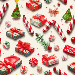Fototapeta na wymiar Seamless pattern christmas sweets, watercolor xmas candies background pattern. Winter holidays