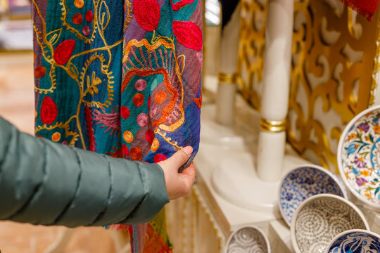 Colorful shawls hung in oriental bazaar, Turkey, Istanbul