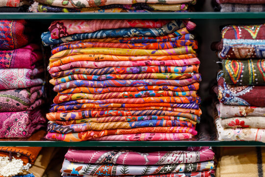 Colorful shawls hung in oriental bazaar, Turkey, Istanbul