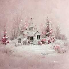 Pink Christmas village with Snow in vintage style. Winter Village Landscape. Christmas Holidays. Christmas Card. 3d illustration